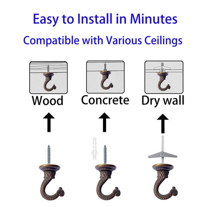 OBSTKUCHEN 6 Sets Large Swag Ceiling Hooks Heavy Duty Swag Hook with Hardware for Hanging Plants Ceiling Installation Cavity Wall Fixing (Antique Brass)