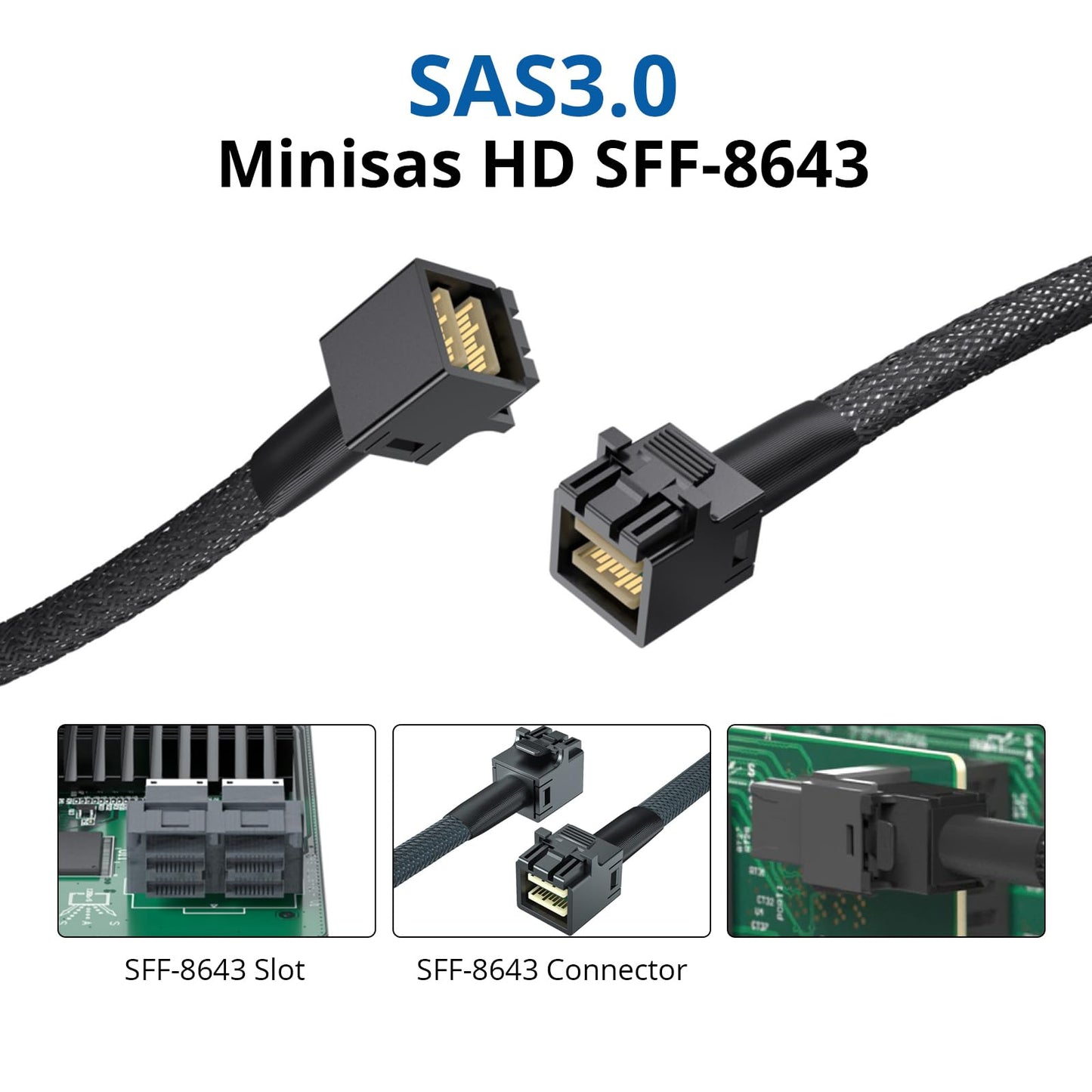 10Gtek Internal Mini SAS HD SFF-8643 Cable, with Sideband, 0.5-Meter(1.6ft), Foldable, Flexible, 2 Pack