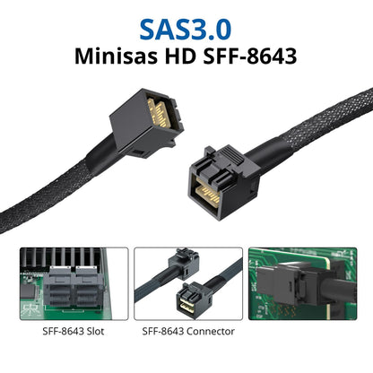 10Gtek Internal Mini SAS HD SFF-8643 Cable, with Sideband, 0.5-Meter(1.6ft), Foldable, Flexible, 2 Pack