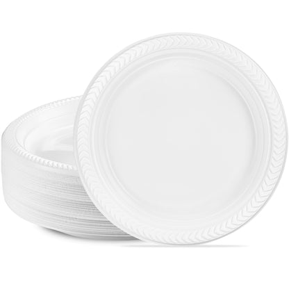 PLASTICPRO 100 PCS White Plastic Round 9 Inch Plastic plates Premium Quality Light Weight Disposable Dishes Dinner Plates for Parties Weddings