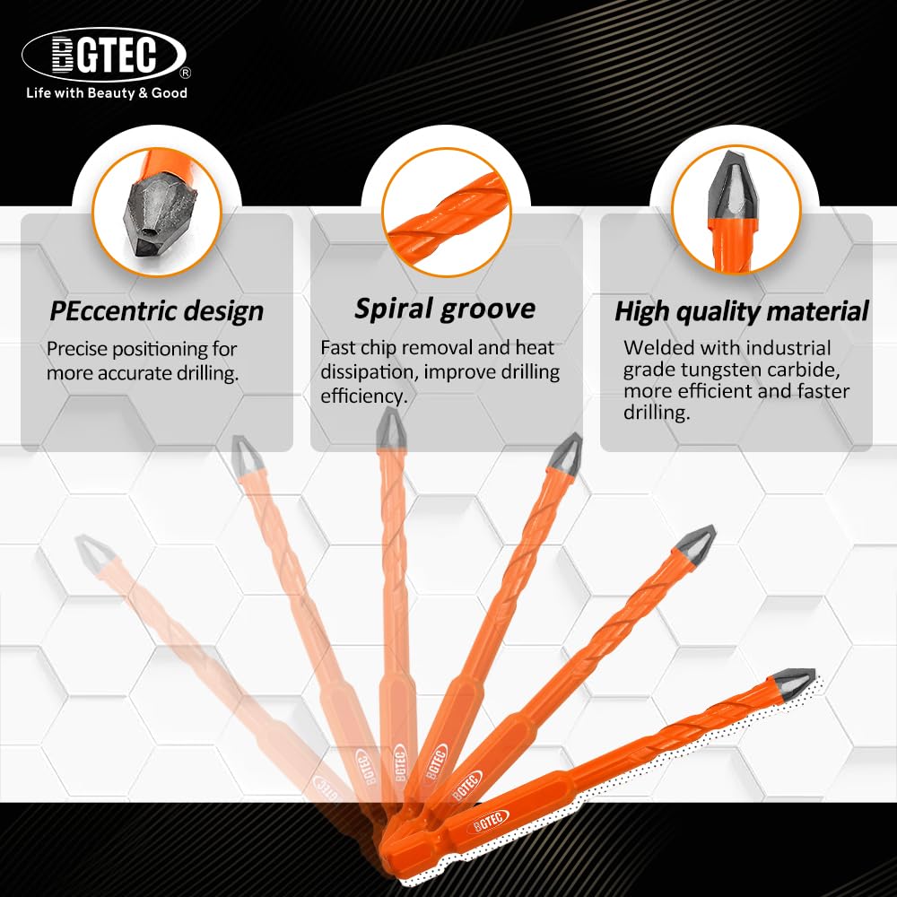 BGTEC High Hardness Skewed Head Eccentric Drill Bits Set-10pcs 5MM*2+6MM*4+8MM*2+10MM+12MM Carbide-Tipped Crooked Drill bit for Wood Plastic Masonry Ceramic Tile Glass Concrete Marble Brick