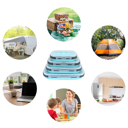 VIGIND Set of 4 Pack Collapsible Foldable Silicone Food Storage Container, Leftover Meal Box with Airtight Plastic Lids for Kitchen, Bento Lunch Boxes-Microwave, Dishwasher and Freezer Safe