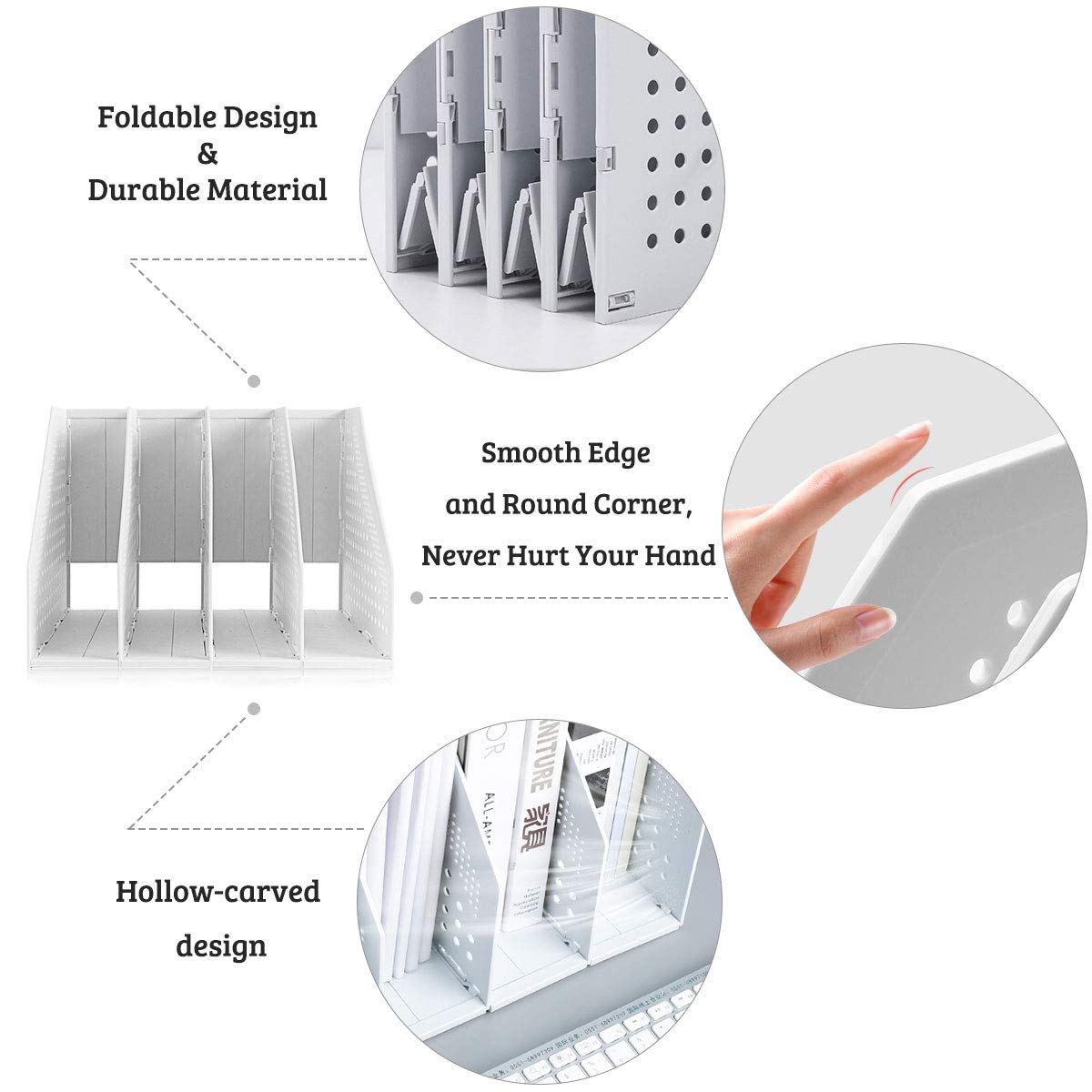 SAYEEC Desktop File Magazine Folder Holder 4 Section Plastic Hollow Documents Foldable Organizer File Cabinet Shelf Frames Dividers Rack Display and Storage (White)