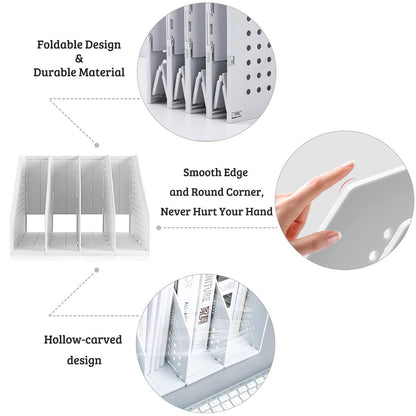 SAYEEC Desktop File Magazine Folder Holder 4 Section Plastic Hollow Documents Foldable Organizer File Cabinet Shelf Frames Dividers Rack Display and Storage (White)