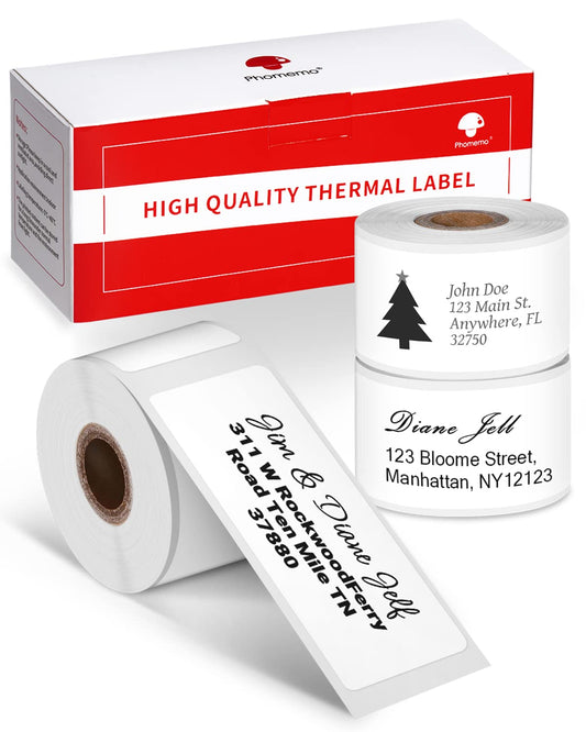 Phomemo Thermal Address Labels for Label Makers, Waterproof, Tearproof, Easy to Peel Off, White, 1" x 2-5/8", 130 Labels Per Roll, 3 Rolls