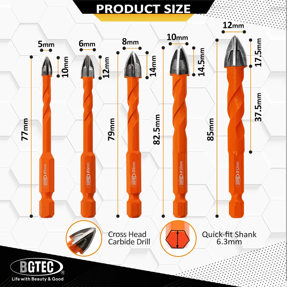 BGTEC Diamond Cemented Carbide Drill Bits Masonry Drill Bits, 5pcs Quick-fit Shank 5/6/8/10/12MM Cross Spiral Hard Alloy Drill Bit for Wood Plastic Masonry Ceramic Tile Concrete Marble