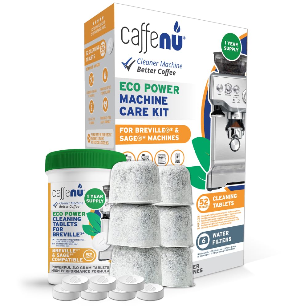 Caffenu Kit Compatible with Breville Espresso Machines. 52 Espresso Machine Cleaning Tablets & 6 Water Filters. Helps Remove Coffee Oil Build-Up. 1 Year Supply Kit Compatible with Breville
