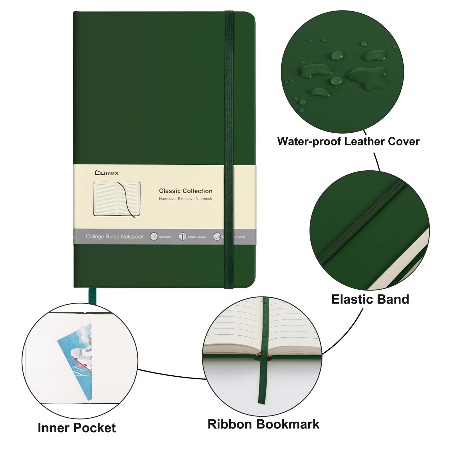 COMIX A4 Hardcover Journal Notebook, 240 Pages, College Ruled,8.5" x 11" Vegan Leather Notebook with Elastic Band for Work, School, Travel, Business,Dark Green