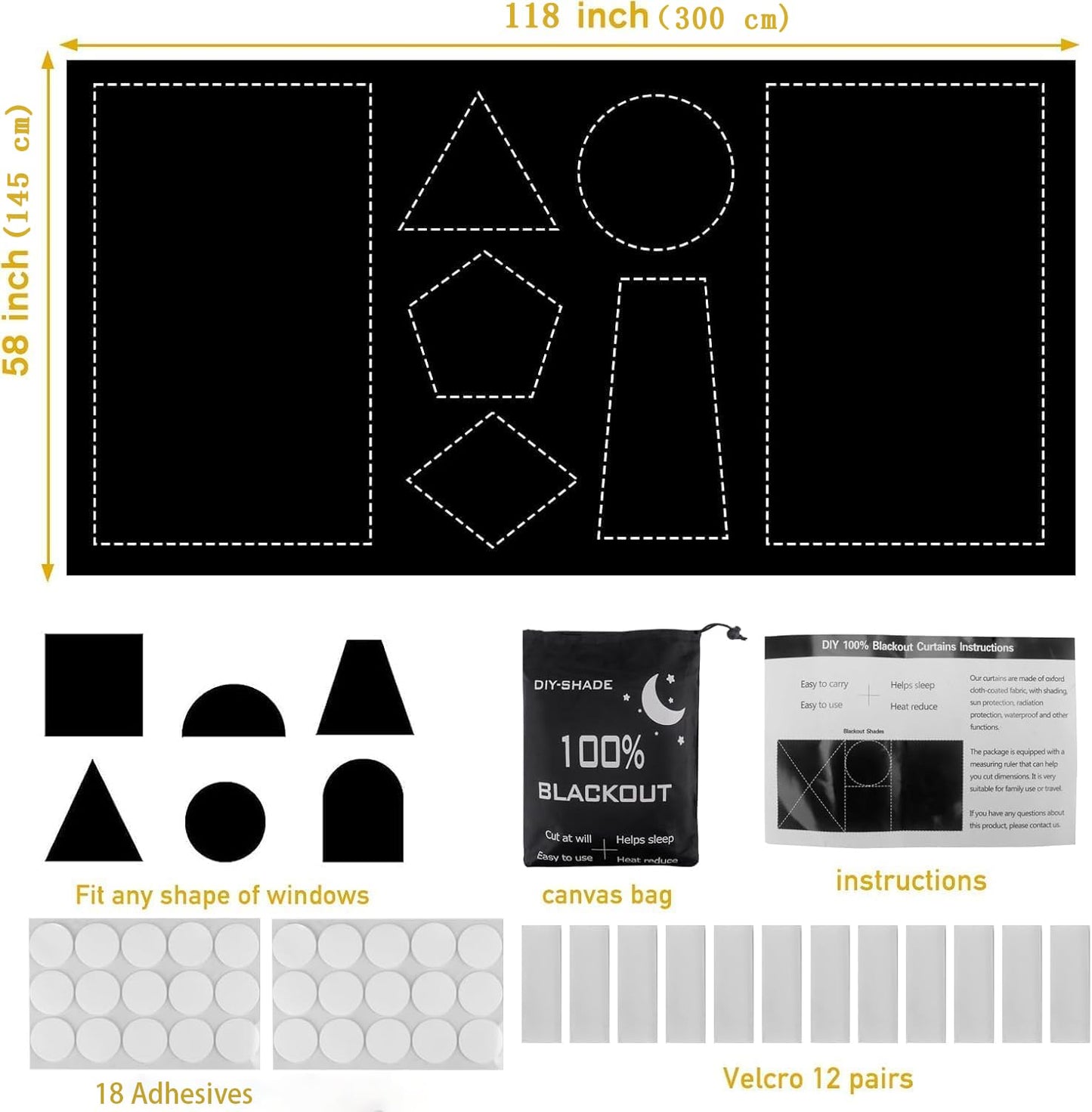 Blackout Blinds 300x145 cm,100% Blackout Curtains for Window, Portable Blackout Shades Film for Bedroom, Cut to Any Size, Temporary Black Out Blinds for Windows Cover Nursery Baby Travel RV