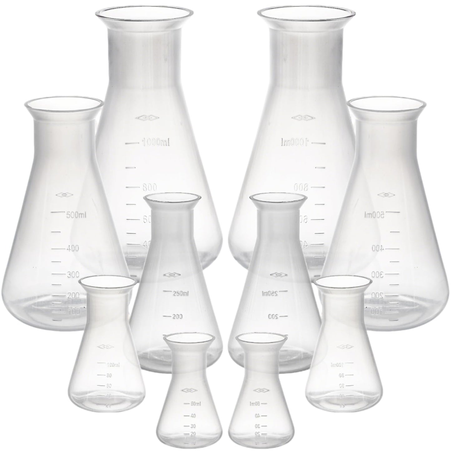 Covzoe 10 Pack Plastic Erlenmeyer Flask, Clear Scientific Conical Flask for Students Experiment, Laboratory Chemical Erlenmey Education Learning Tool, 50ml, 100ml, 250ml, 500ml, 1000ml