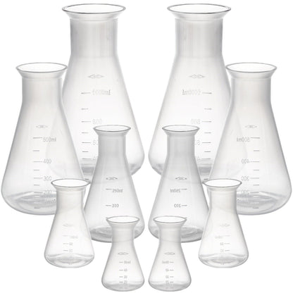 Covzoe 10 Pack Plastic Erlenmeyer Flask, Clear Scientific Conical Flask for Students Experiment, Laboratory Chemical Erlenmey Education Learning Tool, 50ml, 100ml, 250ml, 500ml, 1000ml