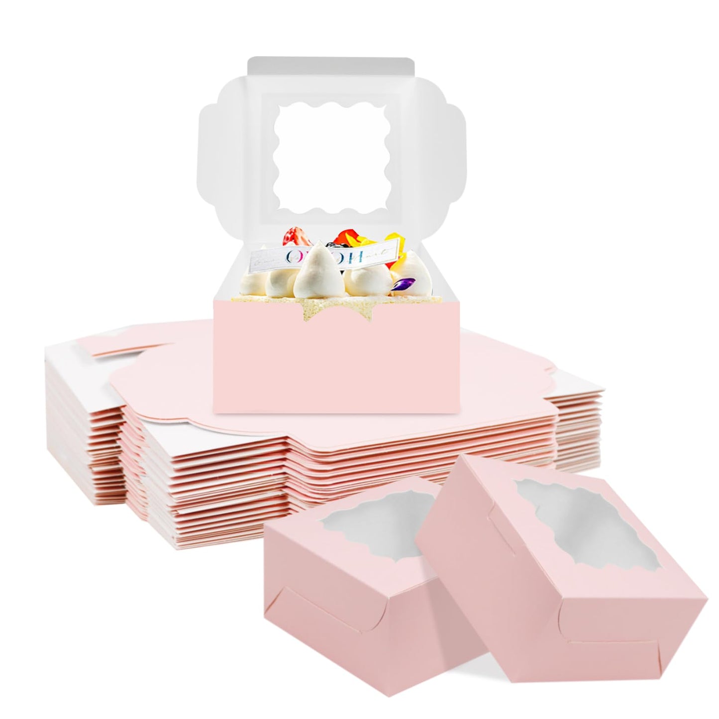 QYCX 50 Pcs Pastry Bakery Boxes Cookie Boxes with Window Gift Box Pink Bakery Box Treat Dnout Snack Container for Chocolate Muffins Desserts Candy Pastries 6x6x2.9inch PaperTake Out Container