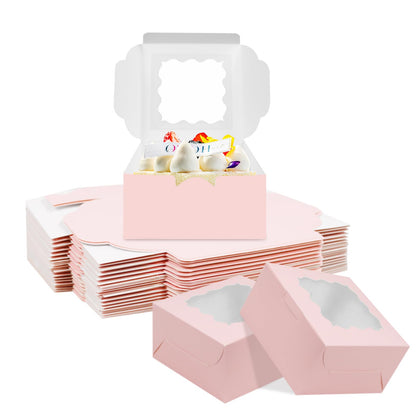 QYCX 50 Pcs Pastry Bakery Boxes Cookie Boxes with Window Gift Box Pink Bakery Box Treat Dnout Snack Container for Chocolate Muffins Desserts Candy Pastries 6x6x2.9inch PaperTake Out Container