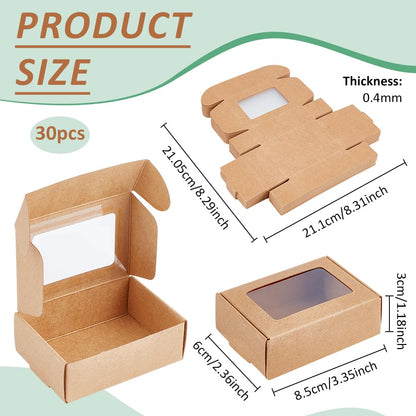 BENECREAT 30 Pack 3.3x2.3x1inch Rectangle Brown Kraft Paper Boxes with Clear Window for Wedding Party Favor Treats, Bakery, Thanksgiving, Christmas Gift Packaging