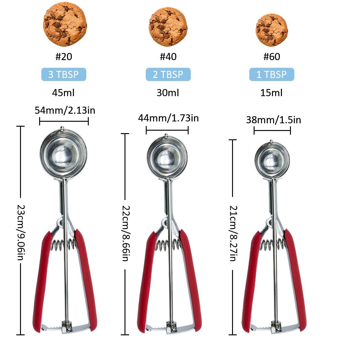 Cookie Scoop,Ice Cream Scoop,3PCS Stainless Steel 1/2 /3 Tablespoon Cookie Scoop,Red Rubber Grips Design,Durable and Effortless,for Ice Cream,Melon Baller and Baking(20#L/ 40#M/ 60#S).