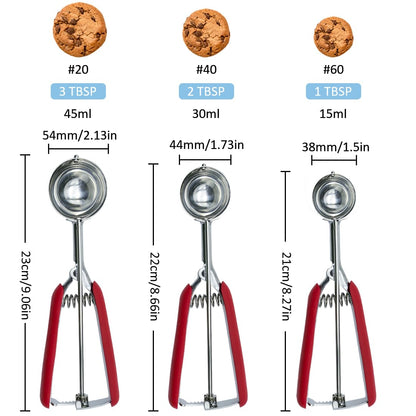 Cookie Scoop,Ice Cream Scoop,3PCS Stainless Steel 1/2 /3 Tablespoon Cookie Scoop,Red Rubber Grips Design,Durable and Effortless,for Ice Cream,Melon Baller and Baking(20#L/ 40#M/ 60#S).