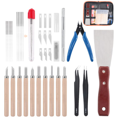 Rustark 34 Piece 3D Printer Accessories Tool Kit Cleaning Needles, Tweezers, Pliers, Scarper, Clean up Knives, Carving Knife Come with Storage Case for Printing Removing, Cleaning, Finishing