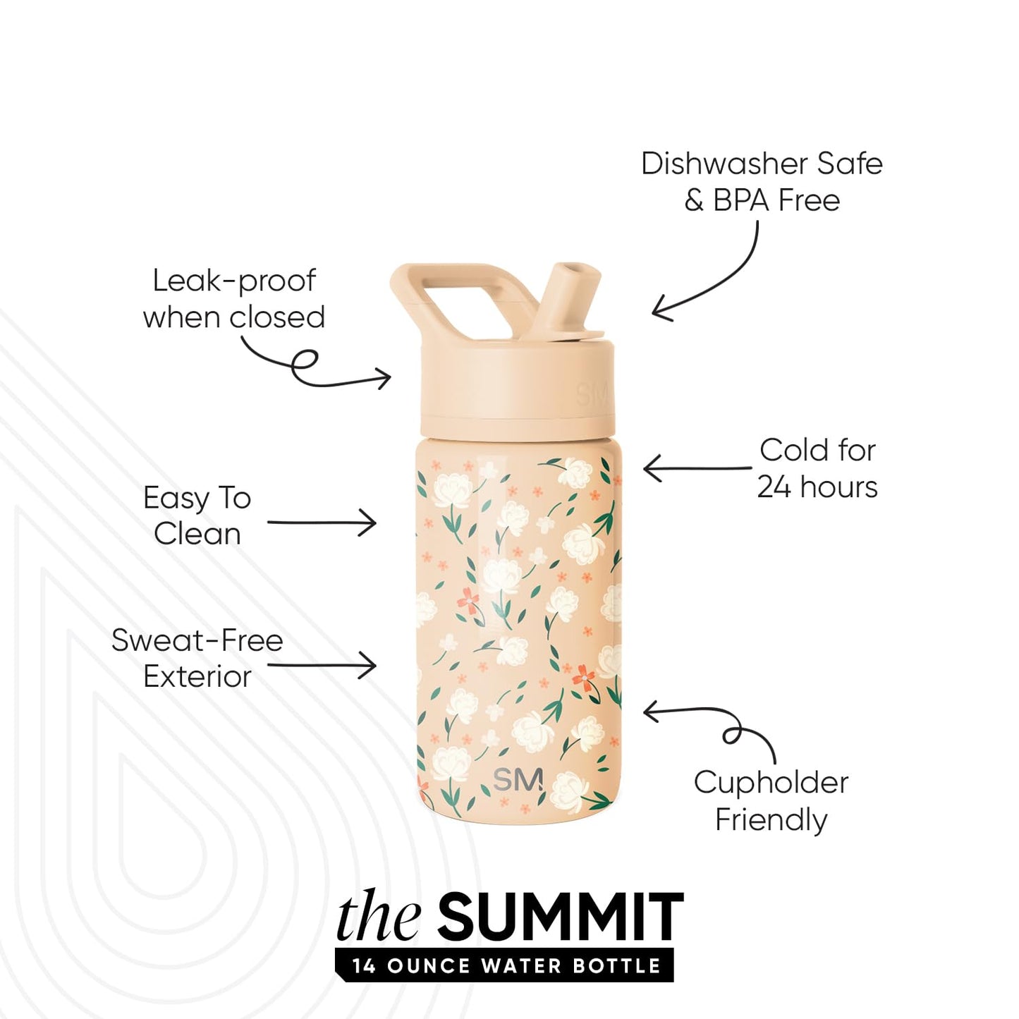 Simple Modern Kids Water Bottle with Straw | Insulated Stainless Steel Reusable Tumbler for Toddlers, Girls, Boys | Summit Collection | 14oz | Chloe Floral