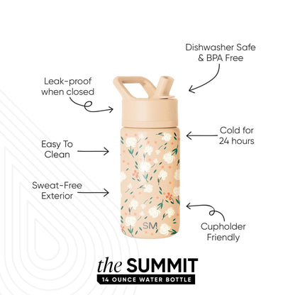 Simple Modern Kids Water Bottle with Straw | Insulated Stainless Steel Reusable Tumbler for Toddlers, Girls, Boys | Summit Collection | 14oz | Chloe Floral