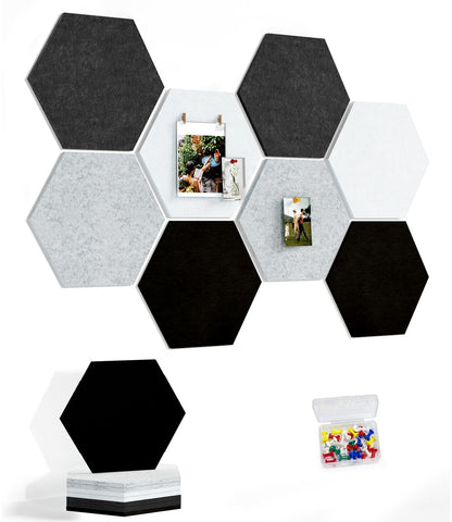 Uoisaiko 12" Large Bulletin Board with 30 Push Pins, Pack of 8 Hexagon Felt Pin Board Notice Boards for Home Office Kitchen, Felt Wall Tiles for Photos Memos