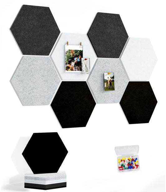 Uoisaiko 12" Large Bulletin Board with 30 Push Pins, Pack of 8 Hexagon Felt Pin Board Notice Boards for Home Office Kitchen, Felt Wall Tiles for Photos Memos