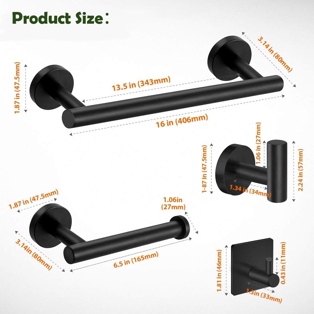 5 Piece Bathroom Hardware Set Matte Black Bathroom Accessories SUS304 Stainless Steel Include 16" Towel Rod, Toilet Paper Holder, Multifunctional Hooks