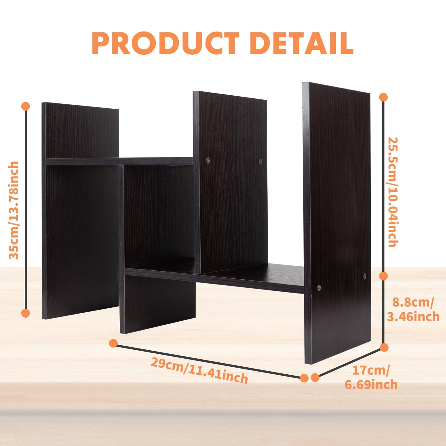 PowerKing Wood Desktop Organizer, Adjustable Desktop Bookshelf Display Shelf Rack for Home Office Desktop Storage Supplies Organization (Black)