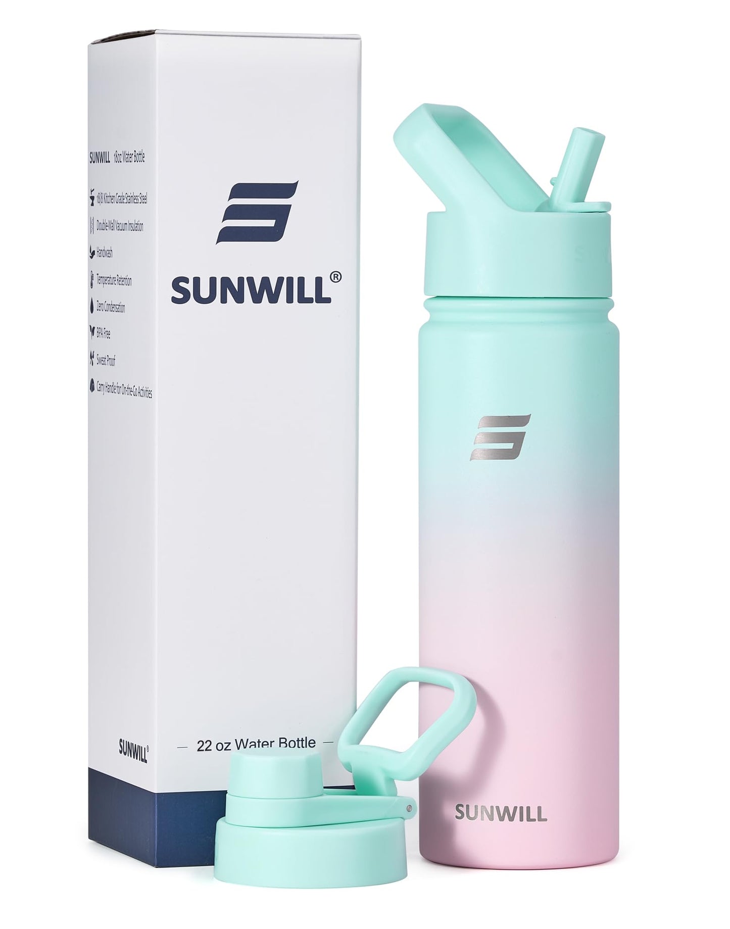 SUNWILL Metal Water Bottle with Straw 22 oz, Stainless Steel Insulated Flask for Cold and Hot Drink, Travel, Sports, Gym, Powder Coated Gradiant Mint and Sakura