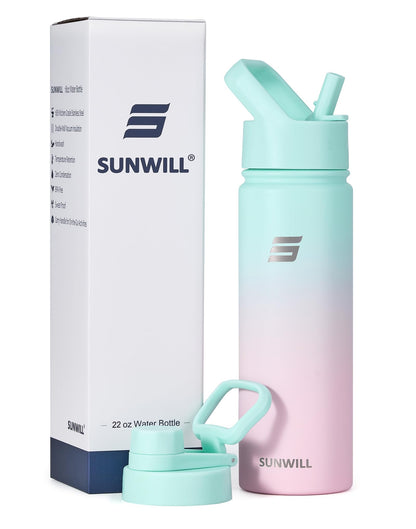 SUNWILL Metal Water Bottle with Straw 22 oz, Stainless Steel Insulated Flask for Cold and Hot Drink, Travel, Sports, Gym, Powder Coated Gradiant Mint and Sakura