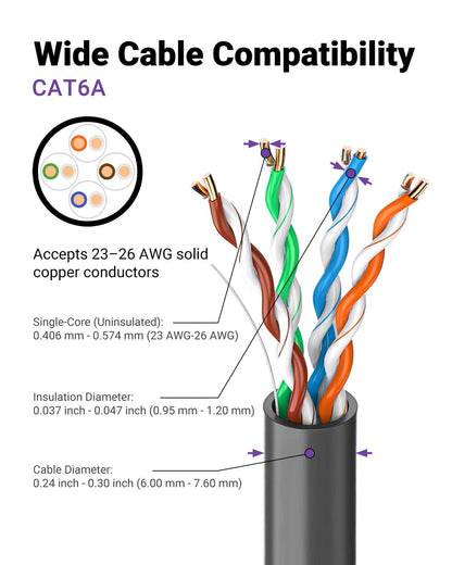 VCELINK CAT6A Tool-Free RJ45 Connector, 10 Gbps, UTP No-Crimp Compact Reusable Plug for Field Termination for 23-26 AWG Ethernet Cables, Black, 6-Pack