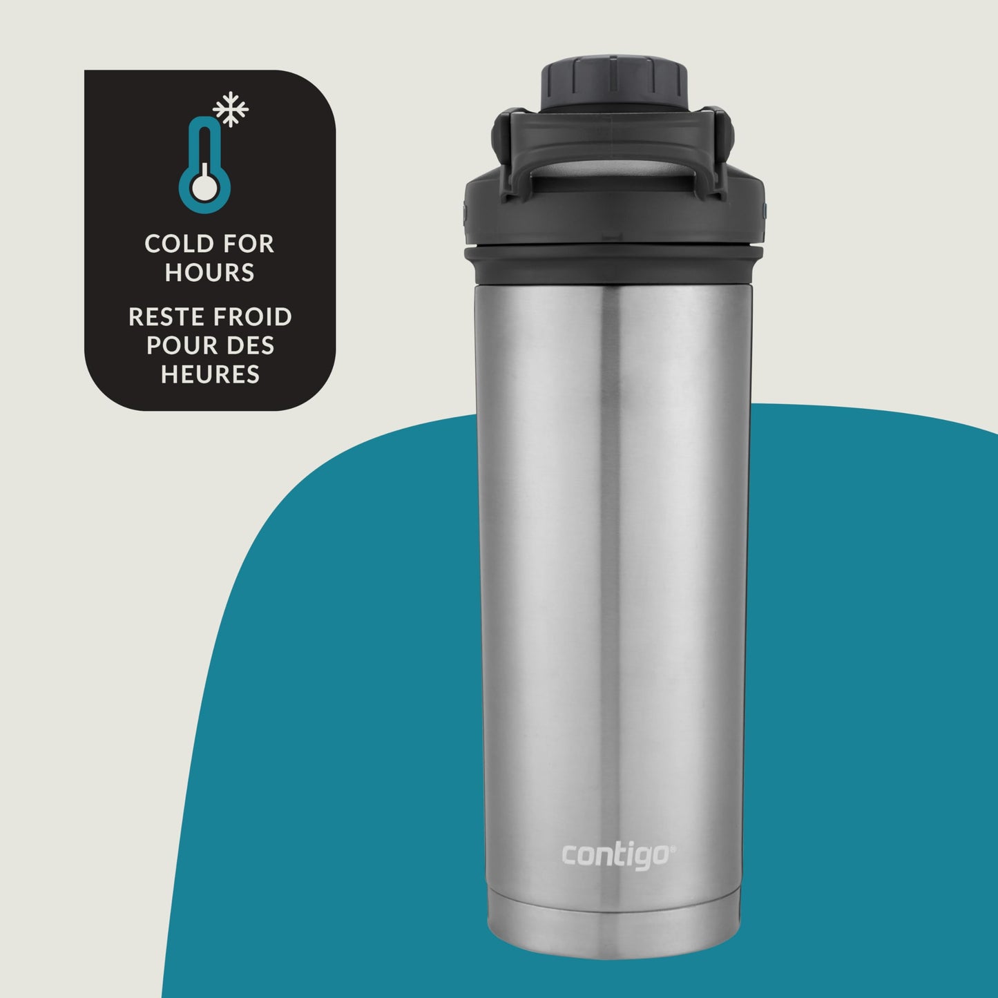 Contigo Fit Shake & Go 2.0 Stainless Steel Protein Shaker Bottle with Leak-Proof Screw Lid, Vacuum-Insulated Mixer Bottle with Whisk and Carry Handle, Grey, 24 oz (709 mL)