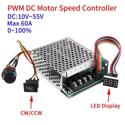 PWM DC Motor Speed Controller, DC10V-55V PWM Brushed DC Motor Controller, Adjustable DC Motor Speed Controller, CW CCW Reversible Switch with Digit Display, for DC Brush Motor