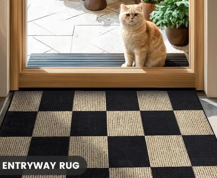 Washable Front Door Mat Indoor Entrance 2x3 Checkered Rug, Flat Print Plaid Area Rugs Ultra-Thin Carpet Stain Resistant Non-Slip for Entry Kitchen Hallway Kids Room Laundry Bedroom(Black and Camel)