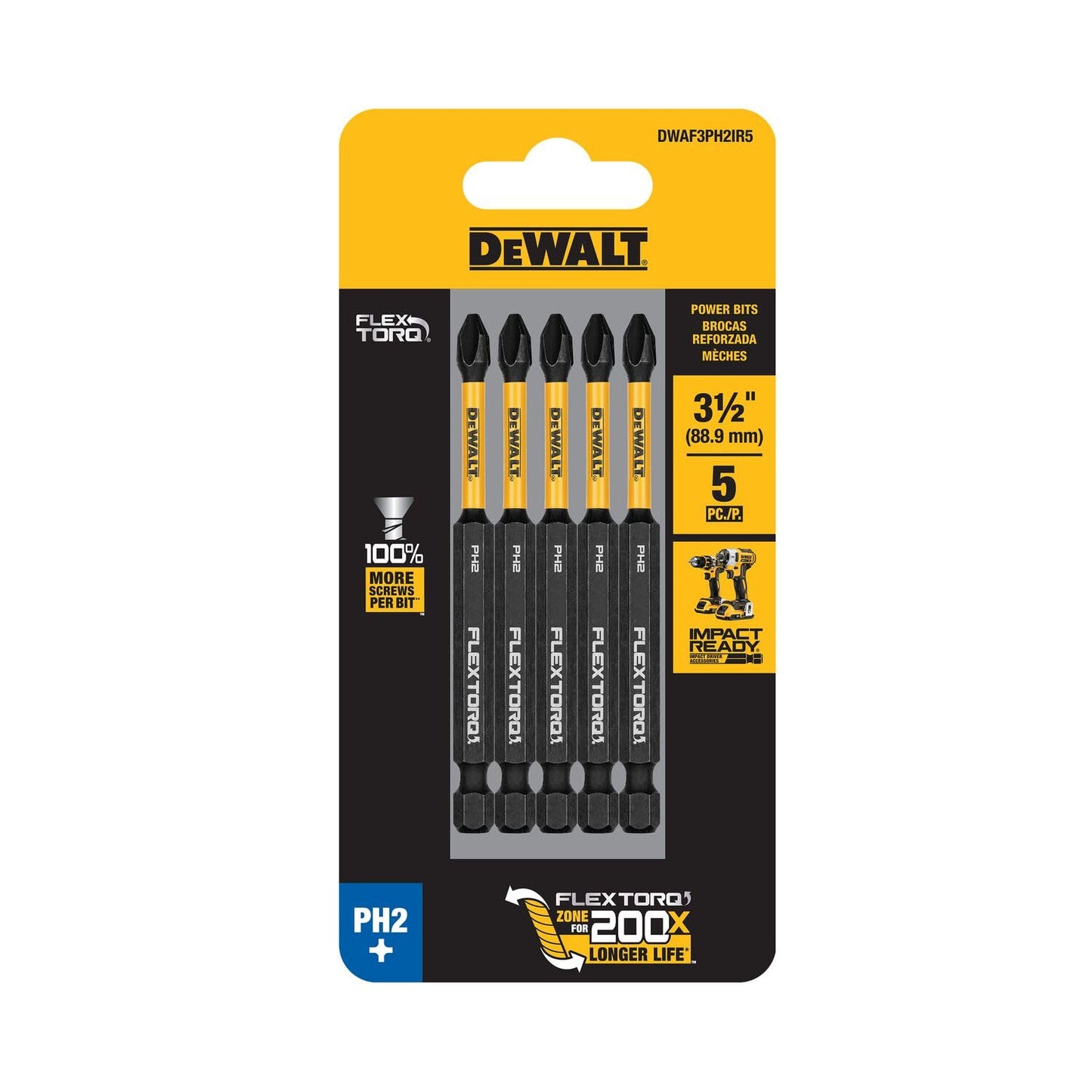 DEWALT FLEXTORQ Philips #2 Bits 5Pk 1/4 x 3-1/2in for Impact Drivers & Drills, Hex Shank (DWAF3PH2IR5)