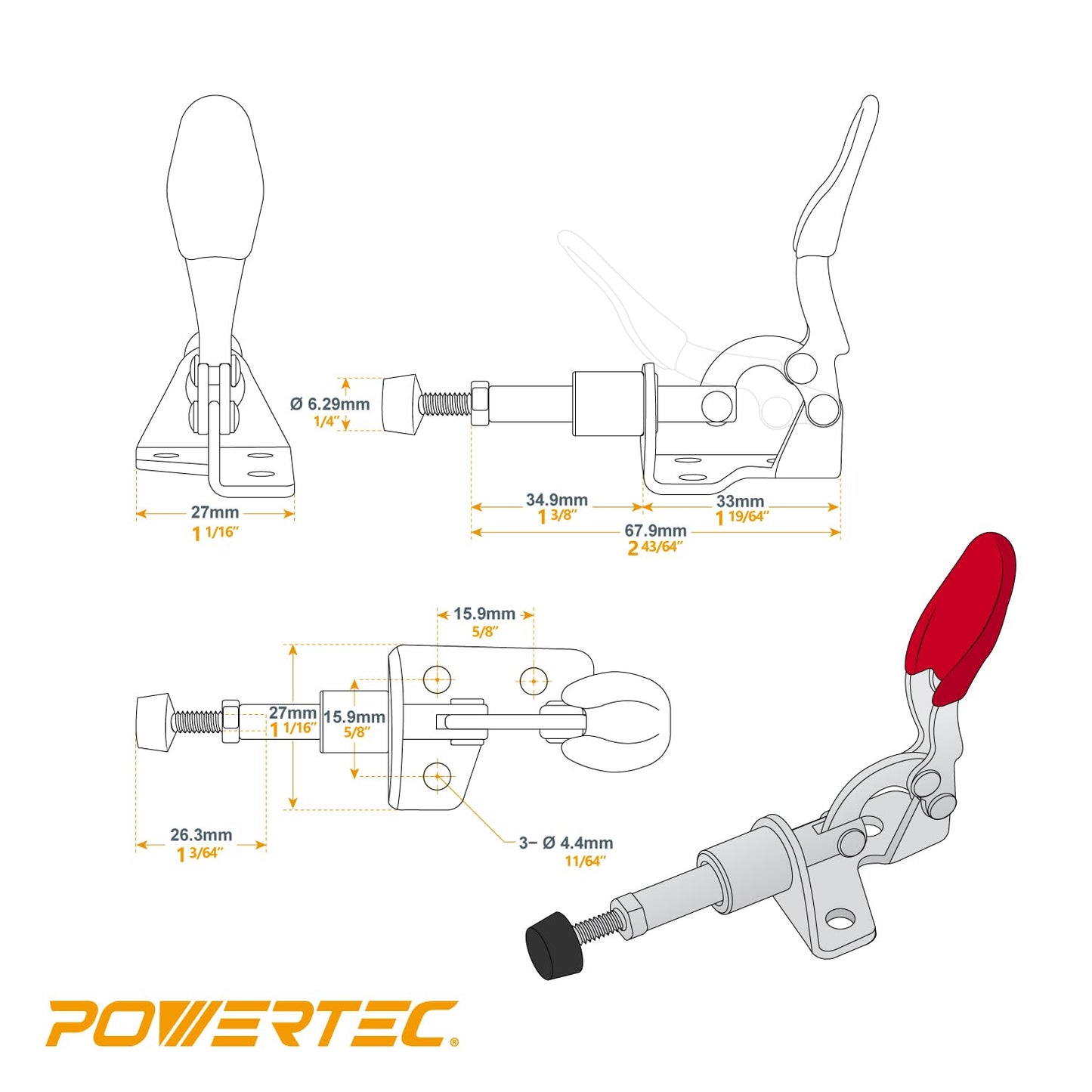 POWERTEC 6PK Toggle Clamp, 100lbs Holding Capacity, 301A Quick Release Push Pull Clamp for Woodworking Jigs and Fixtures, Pocket Hole Jigs, Welding, Crosscut Sled, CNC (20323-P3)
