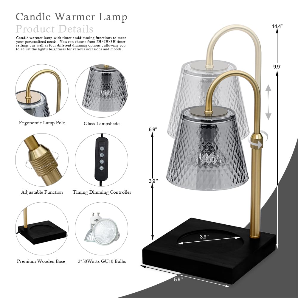 Candle Warmer Lamp with Timer & Adjustable Height, Dimmable Wax Melt Lamp for All Jar Sizes, 2/4/8H Timer, an Elegant and Creative Gift for Home Decor(Black)