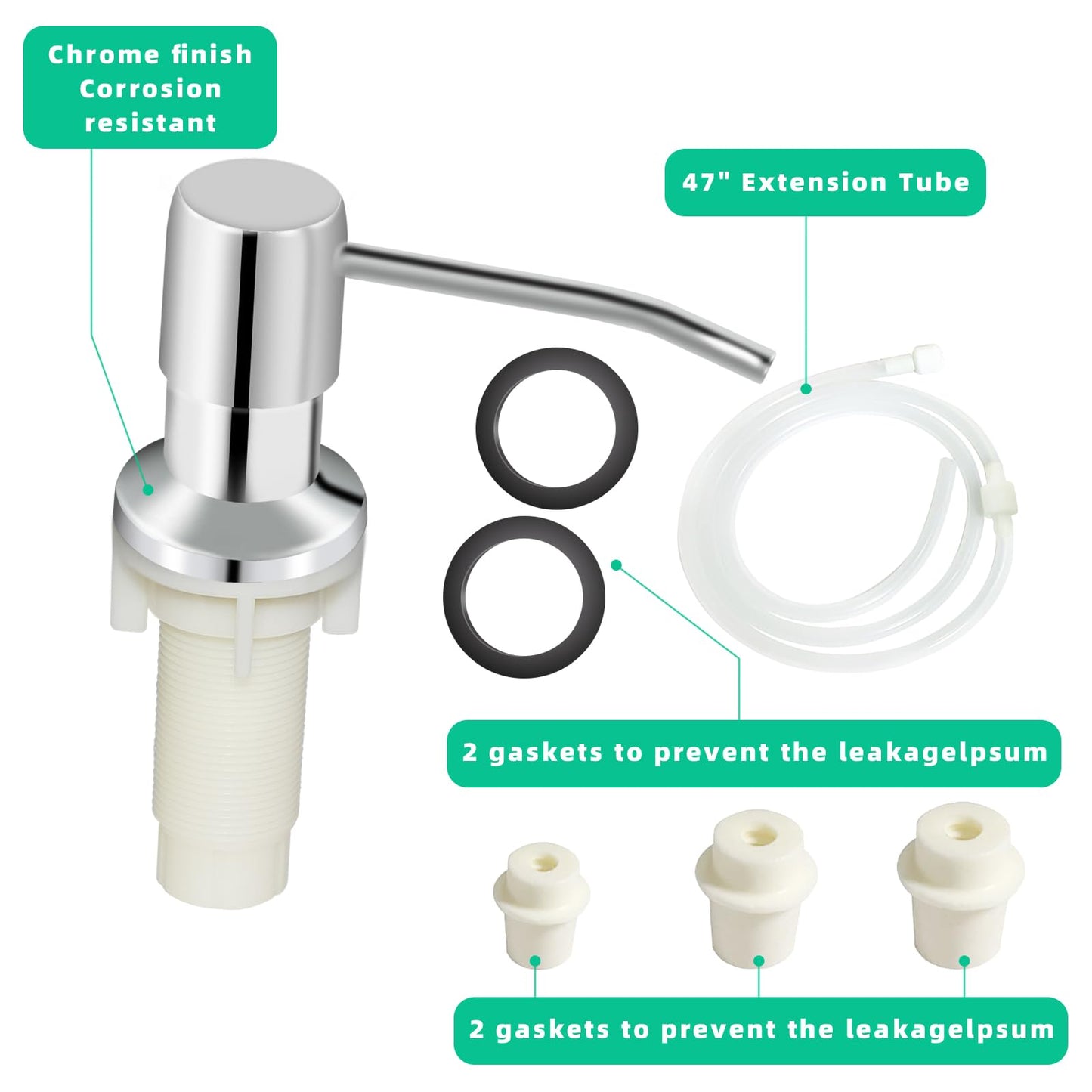 Soap Dispenser for Kitchen Sink, Built in Sink Soap Dispenser, Countertop Soap Dispenser Pump with 47" Extension Tube kit, No Need to Fill Little Bottle Again, Chrome
