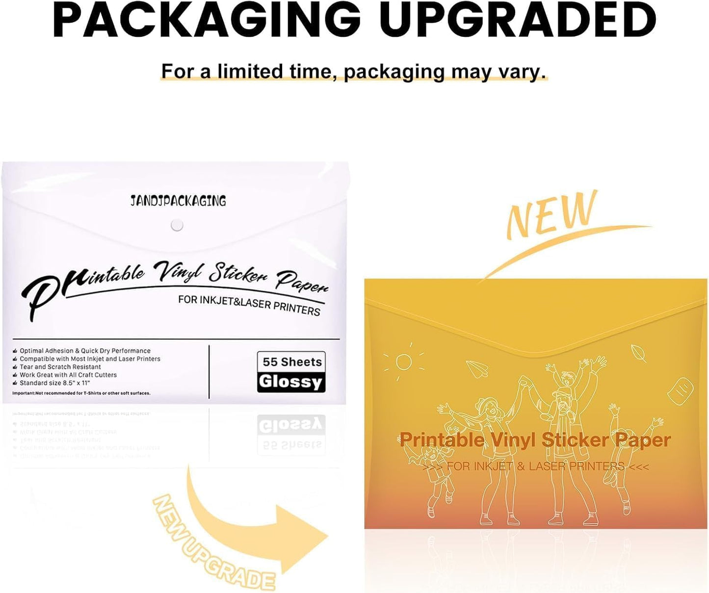 Printable Vinyl for Inkjet Printer - 55 Pack Matte White Printable Vinyl Sticker Paper Dries Quickly Vivid Colors, Holds Ink Well, Tear Resistant, Inkjet & Laser Printer by JANDJPACKAGING