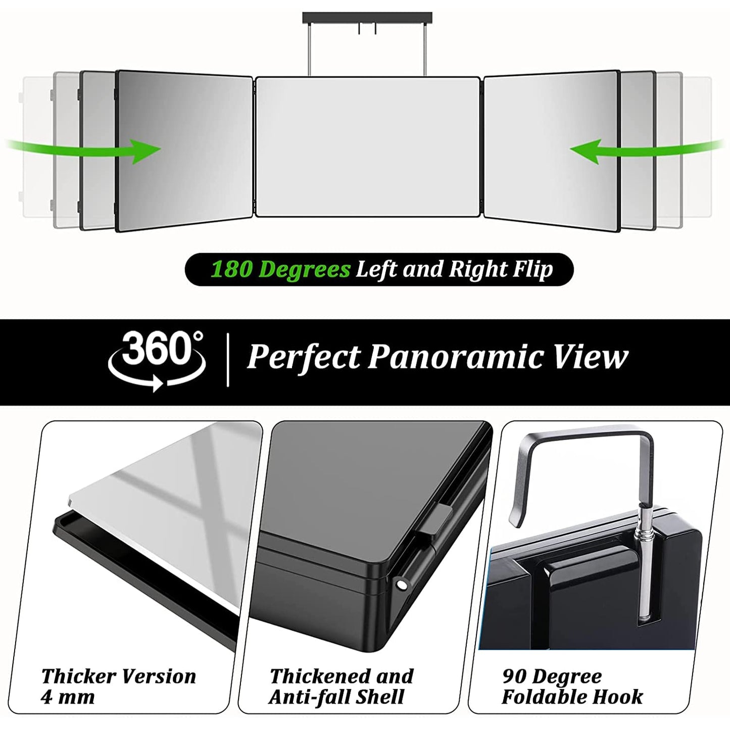 3 Way Mirror for Self Hair Cutting with Hooks, 360° Mirror for Hair Cutting, Tirfold Madeup Mirror with Height Adjustable for Shaving