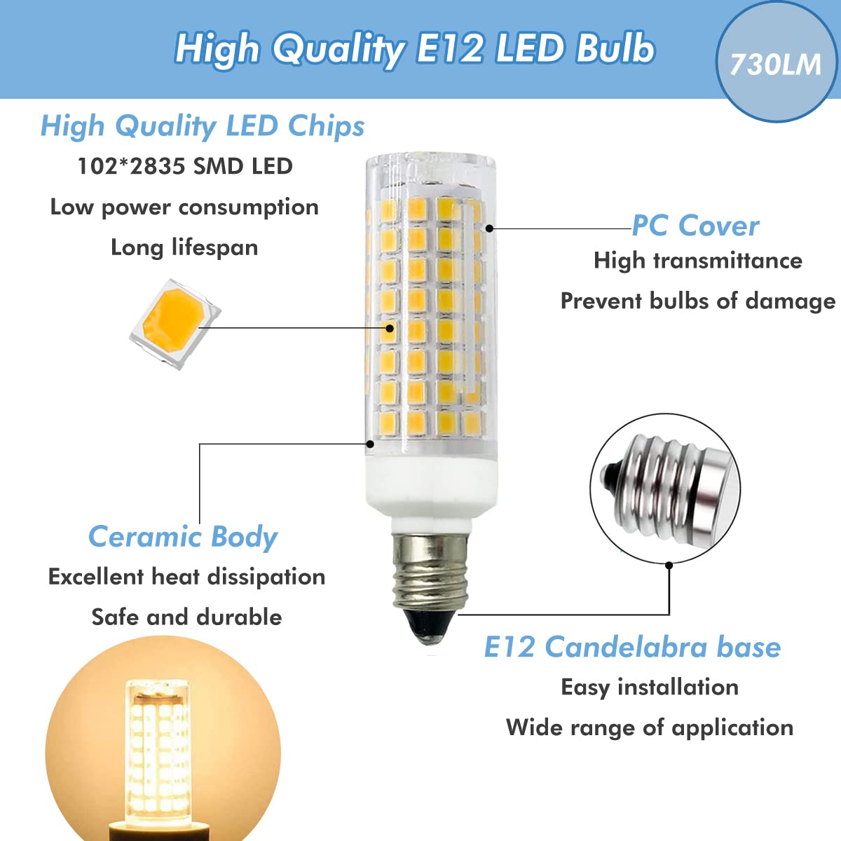 ZSSXOLED [Pack of 5] E12 Led Light Bulb, Dimmable E12 Candelabra Base 75 Watt Halogen Bulb Equivalent, 730LM AC110V Warm White 3000K Corn Bulbs for Chandelier, Ceiling Fan, Desk Lamp