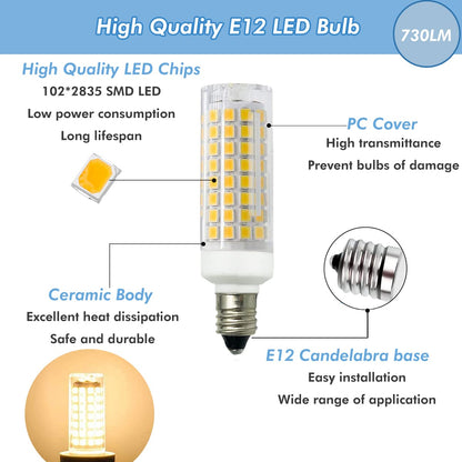 ZSSXOLED [Pack of 5] E12 Led Light Bulb, Dimmable E12 Candelabra Base 75 Watt Halogen Bulb Equivalent, 730LM AC110V Warm White 3000K Corn Bulbs for Chandelier, Ceiling Fan, Desk Lamp