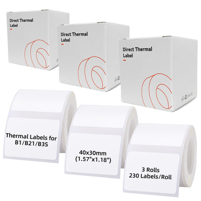 40x30mm (1.57"x1.18") Labels for B1/B21/B3S Label Maker, 3 Rolls Waterproof Thermal Label Paper Sticker for Small Business/Home/Office Use- 230 Labels/Roll, White