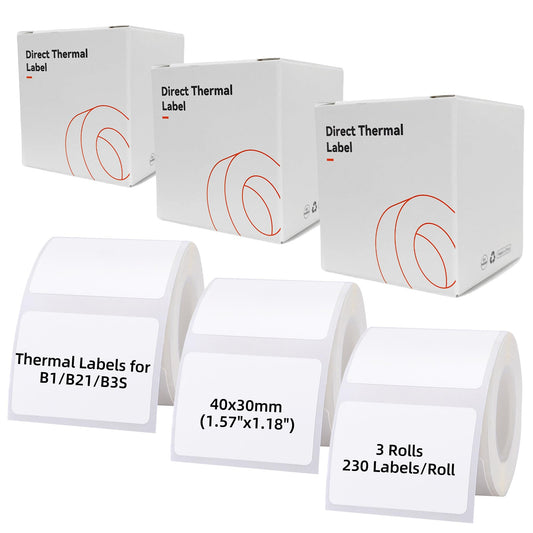 40x30mm (1.57"x1.18") Labels for B1/B21/B3S Label Maker, 3 Rolls Waterproof Thermal Label Paper Sticker for Small Business/Home/Office Use- 230 Labels/Roll, White