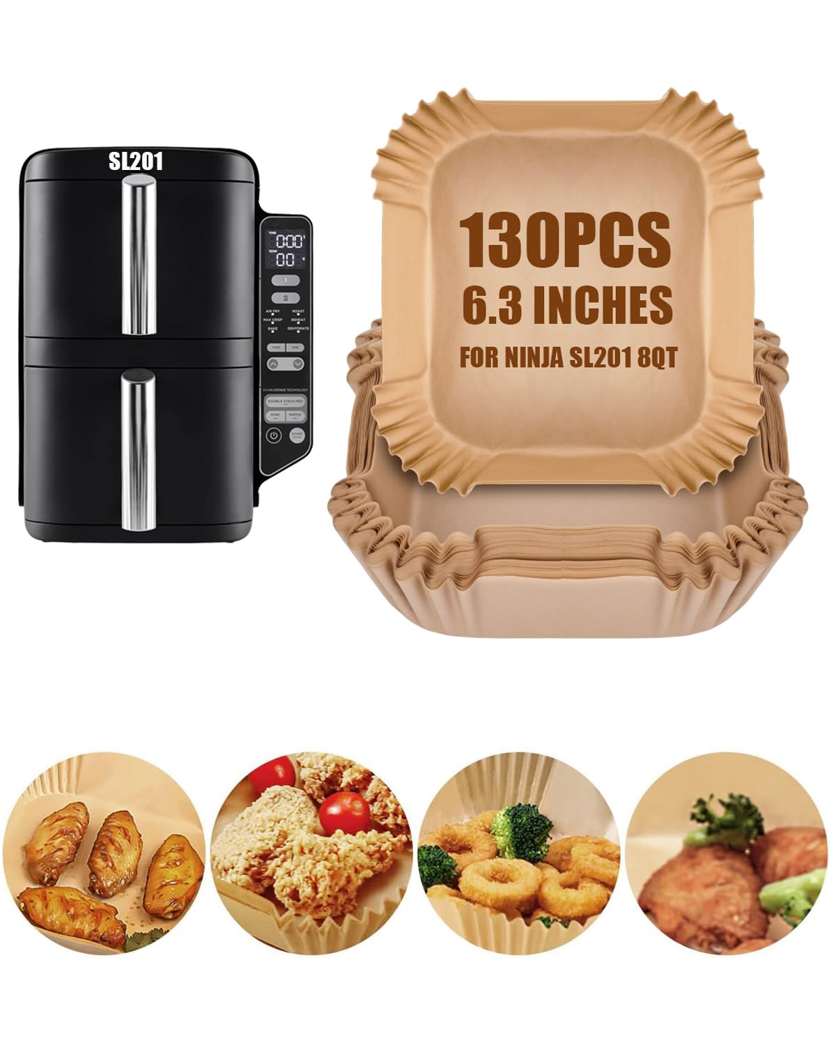 130PCs Air Fryer Liners Disposable for Ninja DoubleStack 2-Basket Air Fryer SL201/SL201C 8QT, MMH 6.3 Inches Food-Grade Baking Parchment Paper Ninja Double Stack Inserts Accessories