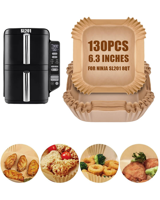 130PCs Air Fryer Liners Disposable for Ninja DoubleStack 2-Basket Air Fryer SL201/SL201C 8QT, MMH 6.3 Inches Food-Grade Baking Parchment Paper Ninja Double Stack Inserts Accessories