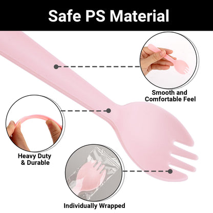 EUSOAR Mini Plastic Sporks, 200pcs 4.5"x1.3" Disposable Sporks, Heavy Duty Disposable Utensils Silverware Set Individually Wrapped Fork Spoon for Party Wedding Birthday Gathering-Pink