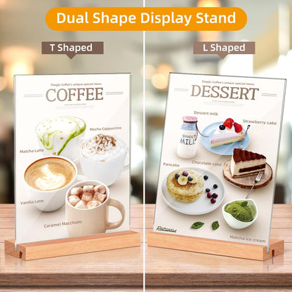 Acrylic Sign Holder 8.5x11, Clear Table Display Stand With Wooden Base, L Shape Slant Back Design Acrylic Frame Plastic Paper Menu Holder Detachable Base Flyer Holder for Office Store Home-3Pack