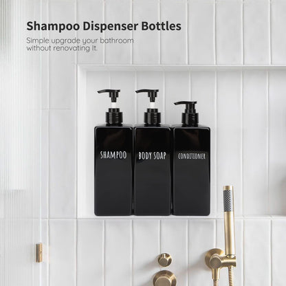 Segbeauty Square Soap Dispenser Black, 3pcs 500ml Refillable Shampoo and Conditioner Bottles, 16.9oz Empty Reusable Plastic Pump Bottle Bathroom Shower Dispenser Set for Body Wash Liquid Lotion