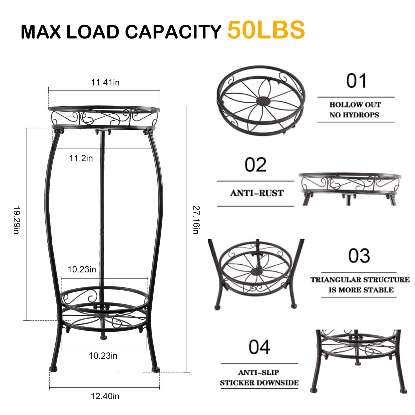 Plant Stand Indoor Outdoor, 2 Tier Tall Metal Plant Stand 27.1", Heavy Duty Plant Pot Holder, Corner Plant Rack Display Shelf for Home Garden Office, Black