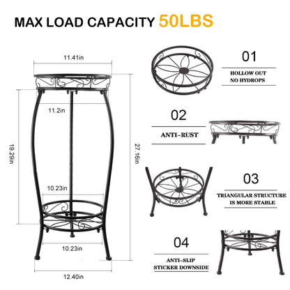 Plant Stand Indoor Outdoor, 2 Tier Tall Metal Plant Stand 27.1", Heavy Duty Plant Pot Holder, Corner Plant Rack Display Shelf for Home Garden Office, Black